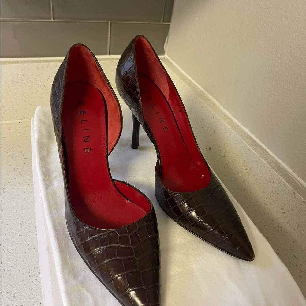 Celine Dark Brown Croc-Pattern Heels with Red Interior
